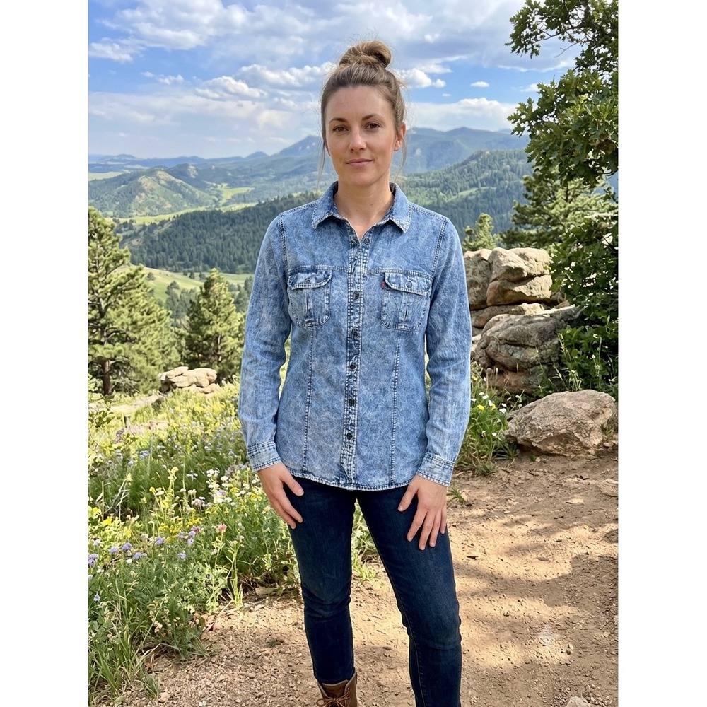 Levis Womens Size XL Denim Shirt Acid Wash Blue Long Sleeve Button Up Distressed